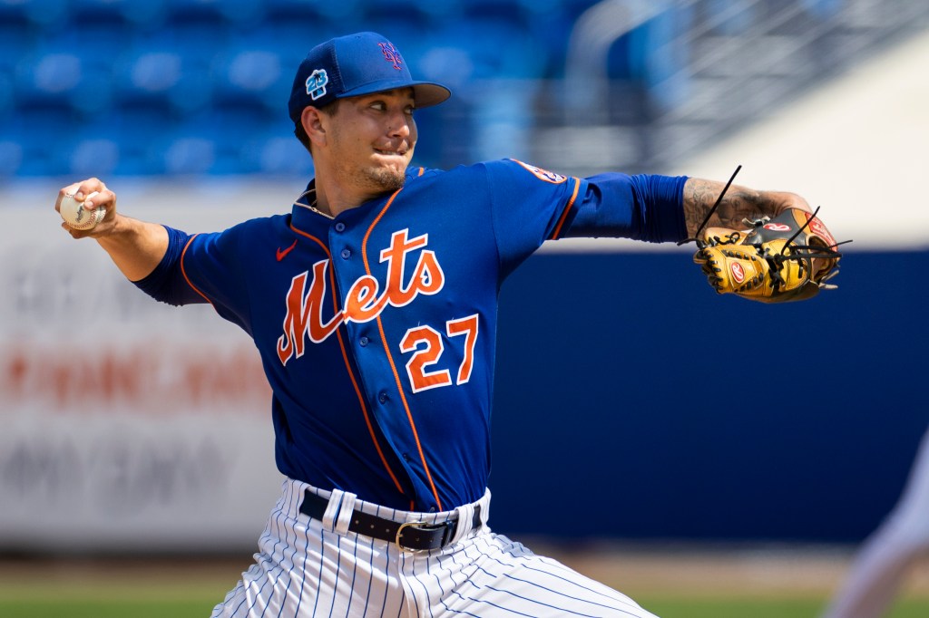 Mets pitcher Dominic Hamel throws a pitch during a simulate game  earlier in spring training.