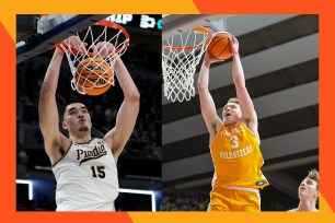 Purdue center Zach Edey (L) dunks and Tennessee forward Dalton Knect takes the ball to the rim.