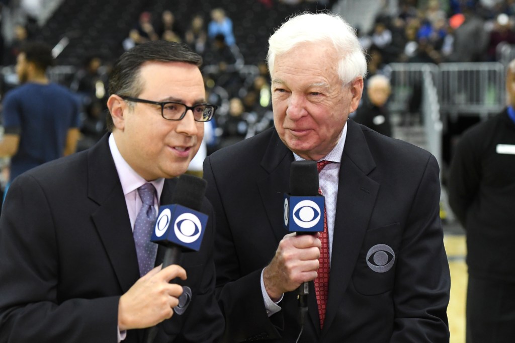 CBS announcers (L ot R) Ian Eagle and Bill Raftery on the air before a college basketball game between the St. John's Red Storm and the Georgetown Hoyas at the Capital One Arena on January 5, 2019 in Washington, DC. 