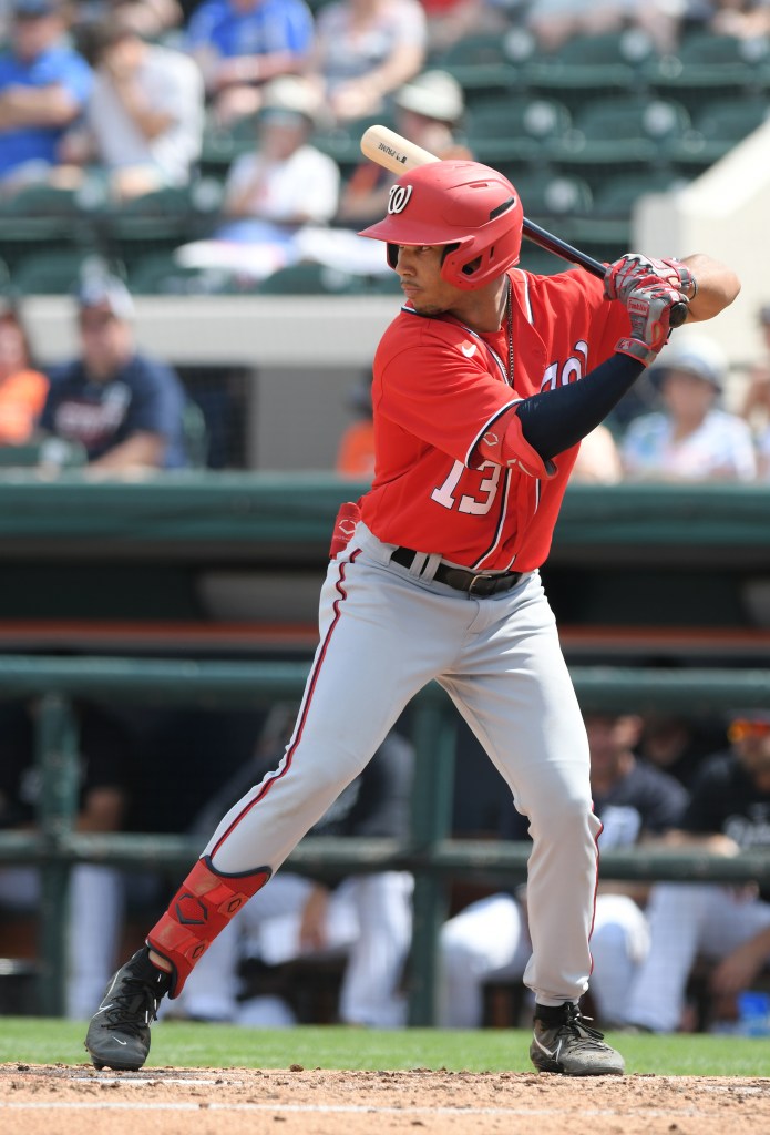 Daylen Lile #13 of the Washington Nationals bats during the Spring Training game against the Detroit Tigers at Publix Field at Joker Marchant Stadium on March 8, 2023