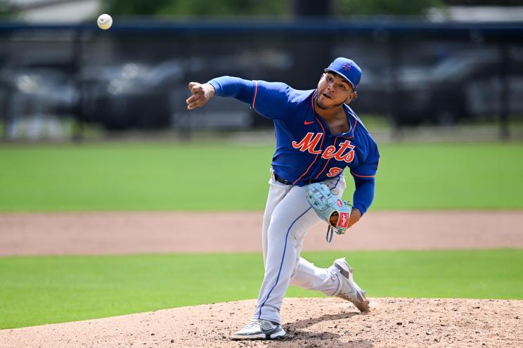 Joander Suarez #95 of the New York Mets throws a pitch during a minor league game against the Houston Astros at The Ballpark at the Palm Beaches on March 18, 2023 in West Palm Beach, Florida.