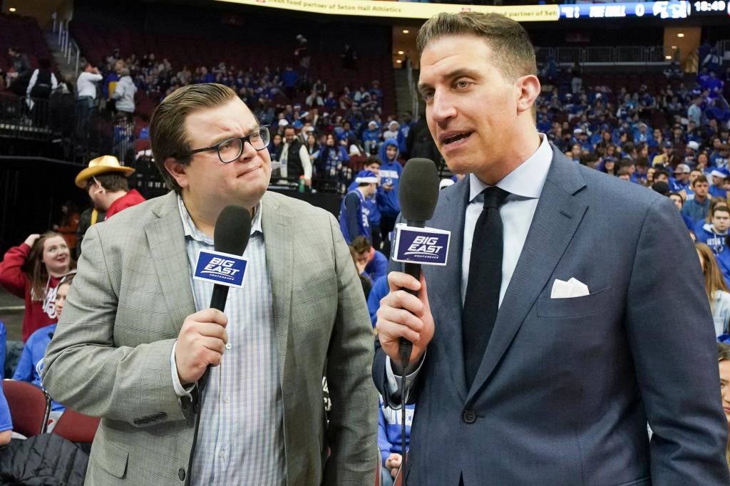 John Fanta, left, of the Big East Digital Network, with Jon Rothstein of CBS Sports Network, before the game between the Seton Hall Pirates and the Texas Longhorns.
