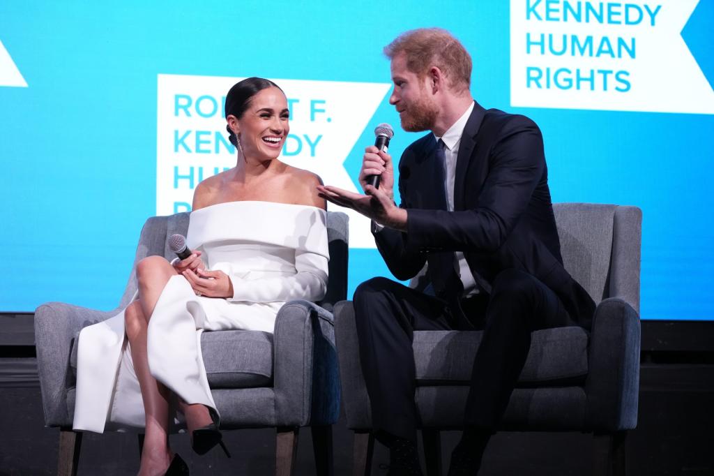 Meghan, Duchess of Sussex and Prince Harry, Duke of Sussex speak on stage at the 2022 Robert F. Kennedy Human Rights Ripple of Hope Gala.