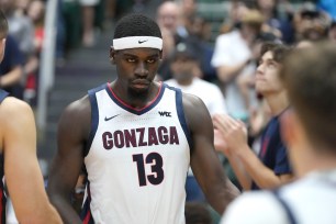 Graham Ike #13 of the Gonzaga Bulldogs is introduced during a college basketball game against the Syracuse Orange.