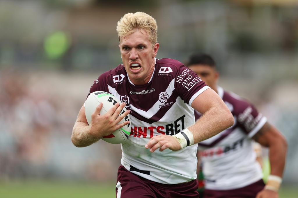 Ben Trbojevic of the Sea Eagles makes a break during the NRL pre-season trial match between Manly Sea Eagles and South Sydney Rabbitohs at Industree Group Stadium on February 11, 2024 in Gosford, Australia.