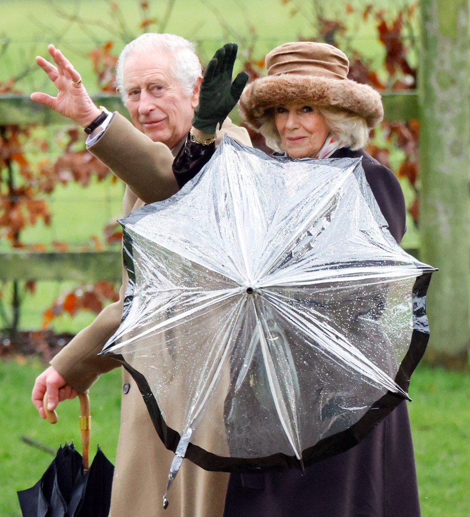 King Charles III and Queen Camilla attend Sunday service holding an umbrella. Prince Charles is seen in the image.