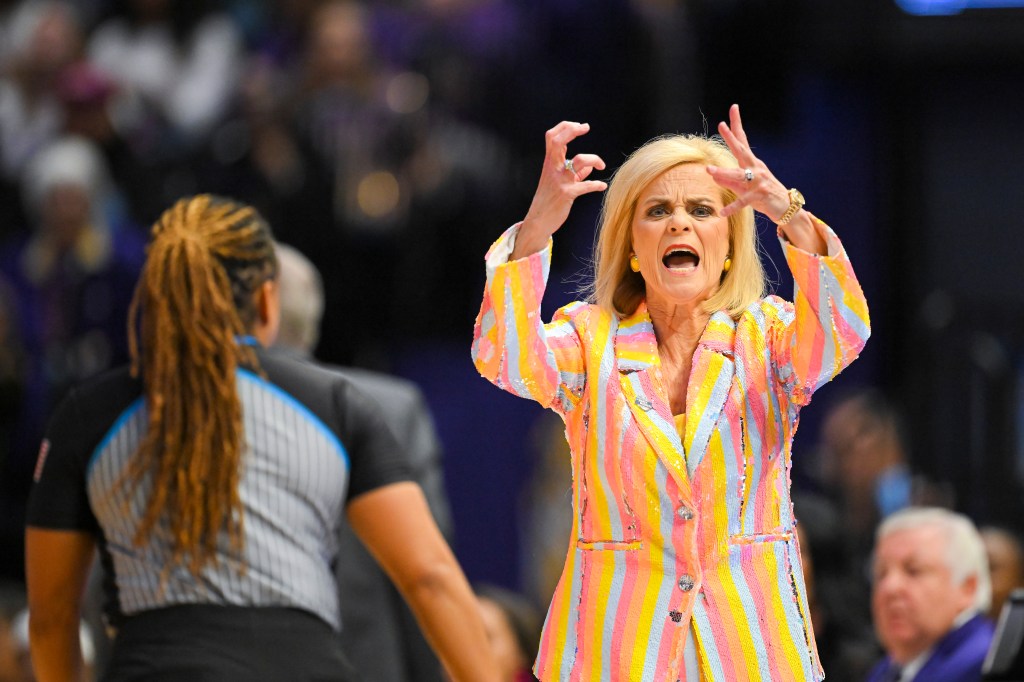 LSU head coach Kim Mulkey reacts after a foul call during the second round of the 2024 NCAA Women's Basketball Tournament against Middle Tennessee State.