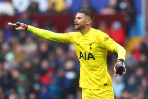 Guglielmo Vicario of Tottenham Hotspur in action during the Premier League match between Aston Villa and Tottenham Hotspur.