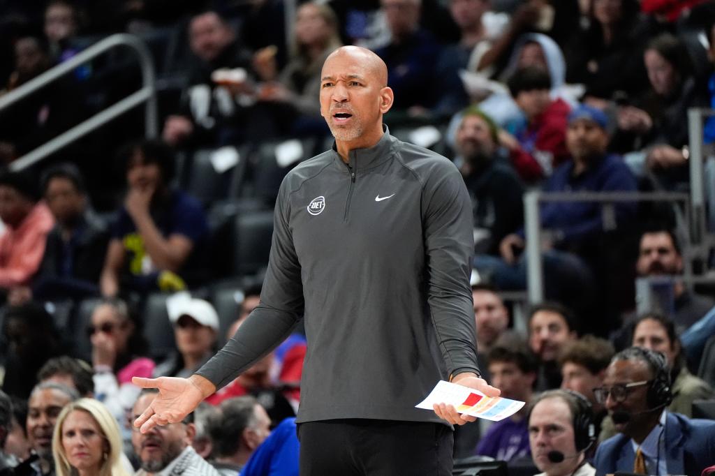 Detroit Pistons head coach Monty Williams questions a call against the Miami Heat in the first half of an NBA basketball game in Detroit, Friday, March 15, 2024.