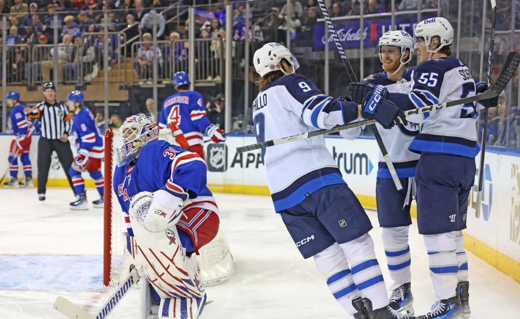 Mark Scheifele (No. 55) celebrates after scoring the first of his two goals on Igor Shesterkin during the Rangers' 3-2 loss to the Jets.