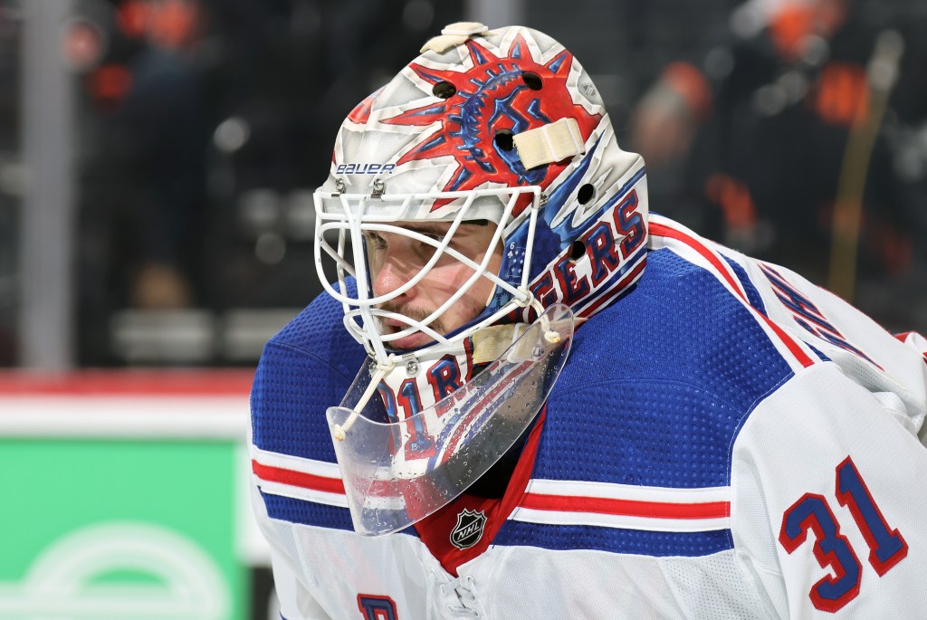 Igor Shesterkin #31 of the New York Rangers looks on against the Philadelphia Flyers.