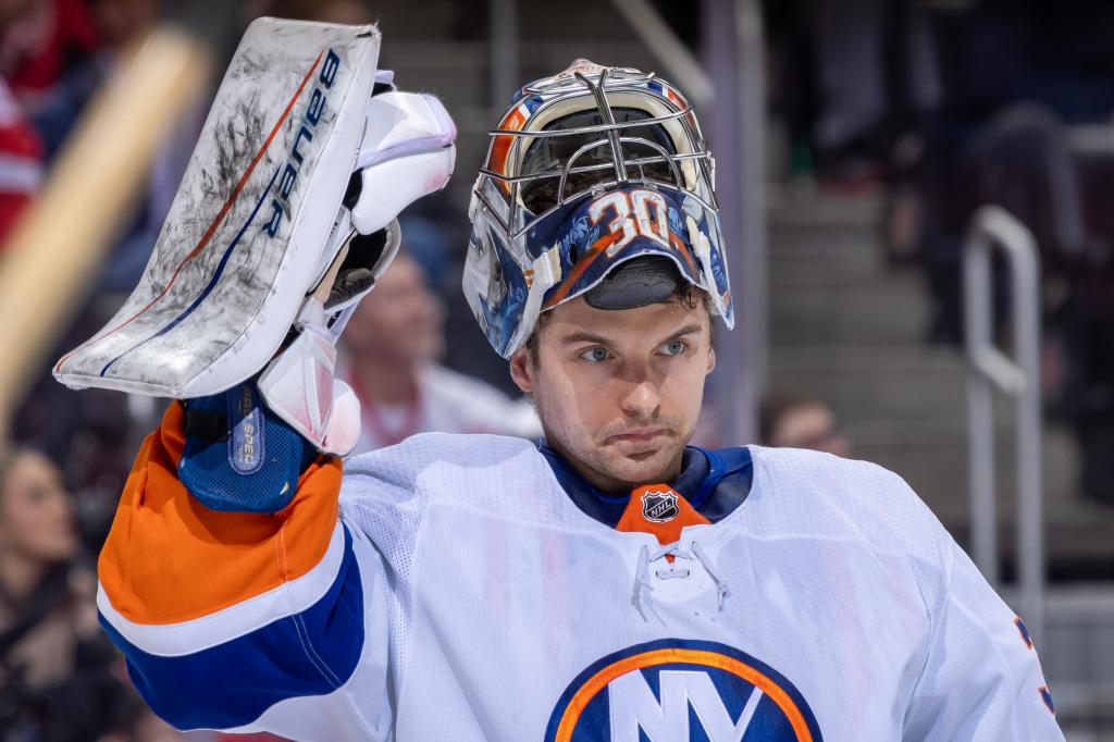 Ilya Sorokin, taking his helmet off during a stoppage, allowed six goals in the Islanders' loss.