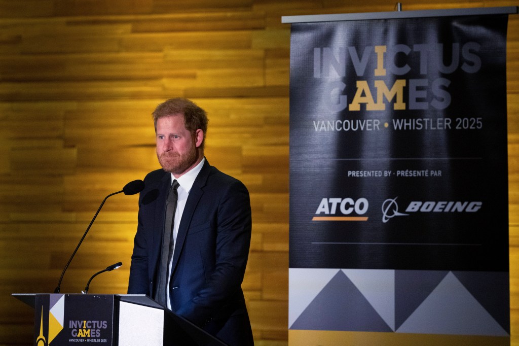 Prince Harry during his speech for the "One Year to Go" Invictus Games dinner in Vancouver, British Columbia, Friday, Feb. 16, 2024.