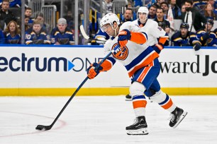 Oliver Wahlstrom takes a shot against the Blues on Feb. 22.