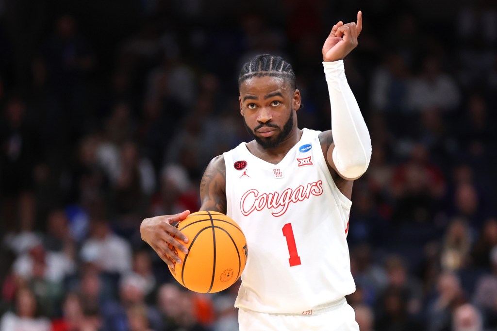 Jamal Shead #1 of the Houston Cougars dribbles the ball during the first half against the Texas A&M Aggies in the second round of the NCAA Men's Basketball Tournament.