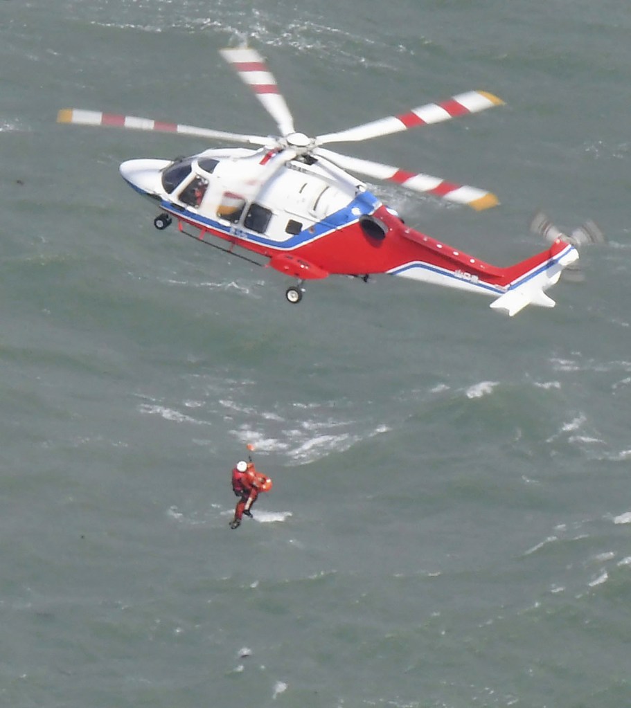 A rescue operation is conducted as a South Korean tanker capsized off Shimonoseki, Yamaguchi prefecture — in southwestern Japan — on March 20, 2024. 