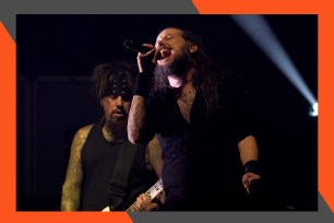Korn frontman Jonathan Davis belts to the rafters from the stage.