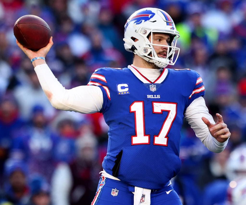 Josh Allen #17 of the Buffalo Bills throws a pass during a game in 2023. 