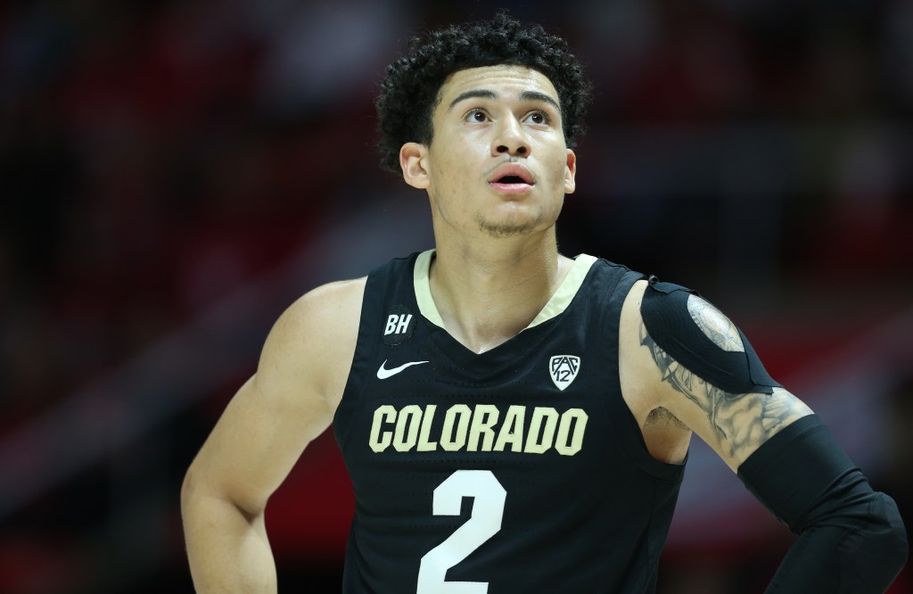 KJ Simpson #2 of the Colorado Buffaloes looks up at the scoreboard during the first half of their game against the Utah Utes.