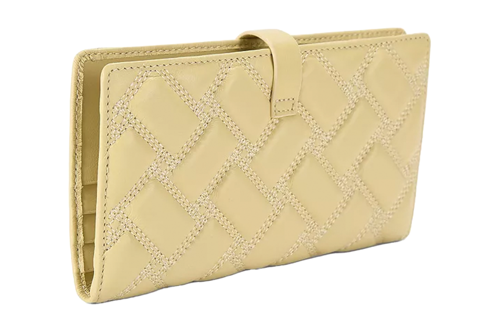 A tan Kurt Geiger London leather soft wallet with a strap