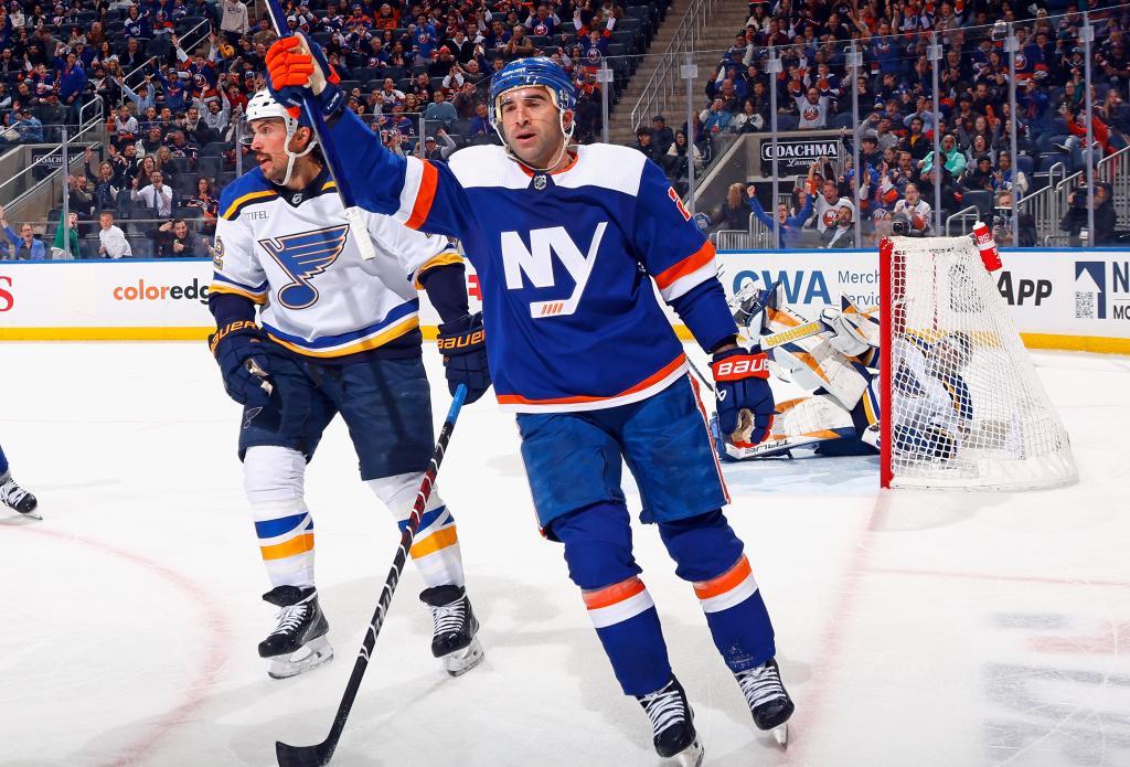 Kyle Palmieri celebrates after scoring a goal earlier in the season.