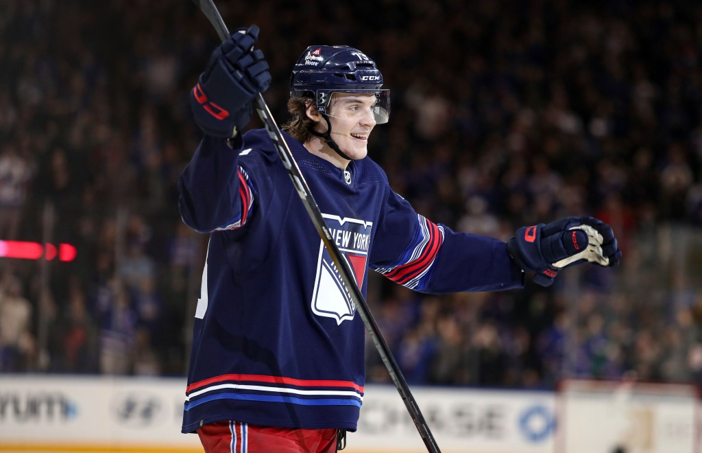 Matt Rempe celebrates after scoring a goal that was later overturned by replay during the Rangers' 4-0 win over the Blues.