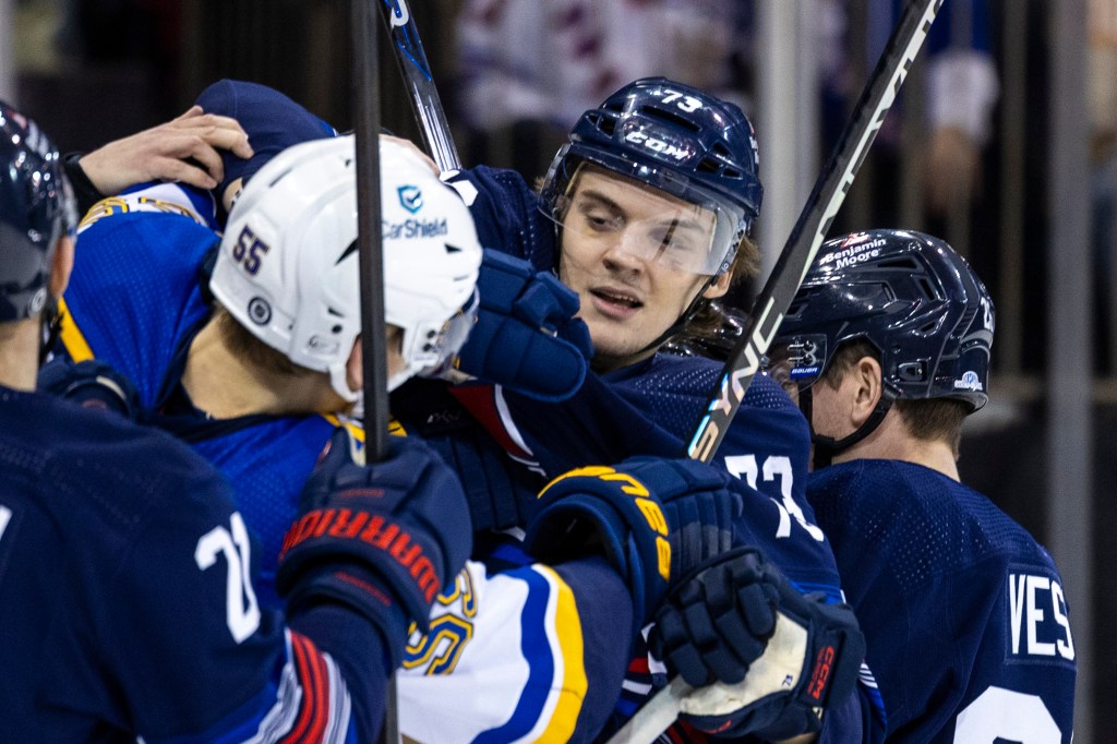 Matt Rempe mixes it up with the Blues during the first period of the Rangers' win. 