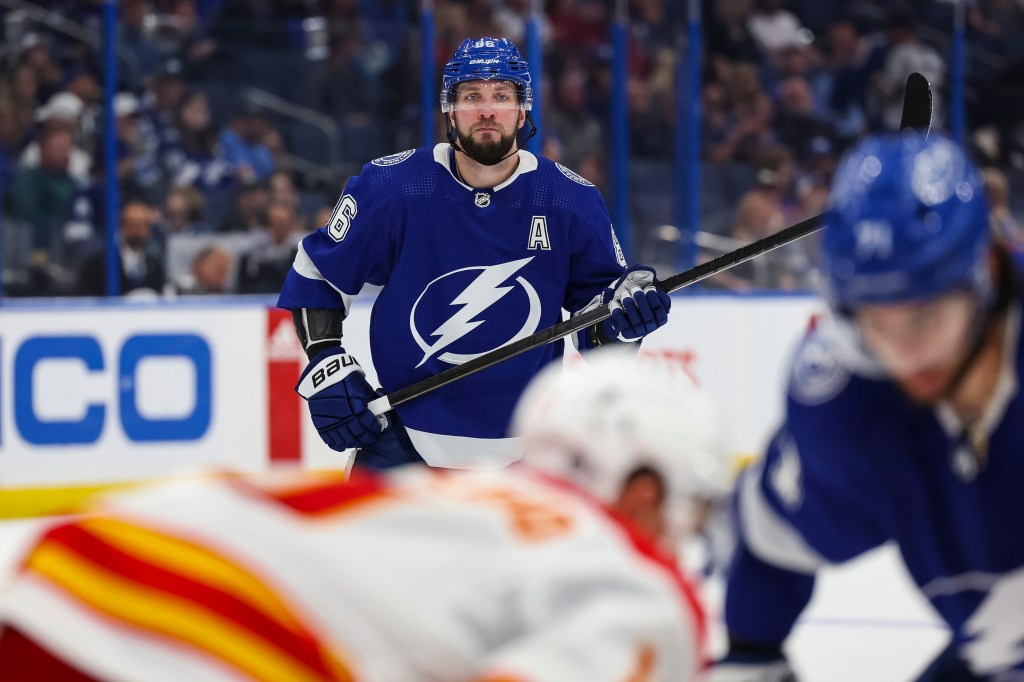 Nikita Kucherov #86 of the Tampa Bay Lightning against the Calgary Flames during the third period at Amalie Arena on March 7, 2024 in Tampa, Florida.