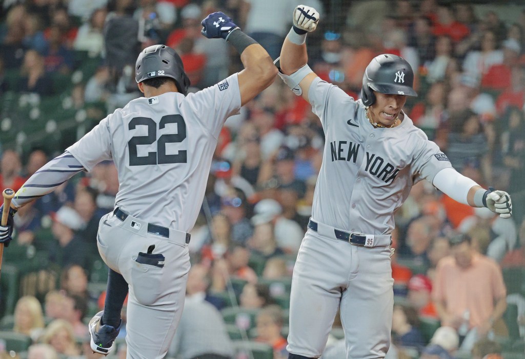 Oswaldo Cabrera (right) celebrates with Juan Soto after hitting a solo homer in the Yankees' win over the Astros.