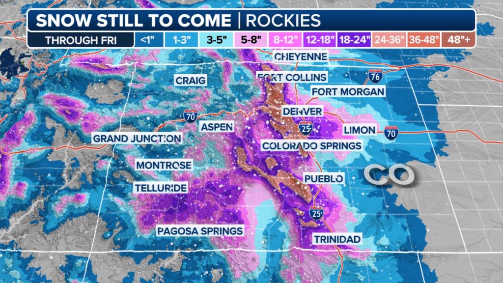 This graphic shows forecast snow totals in the Rockies.