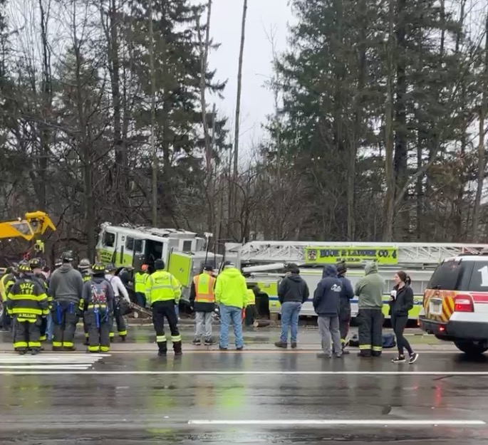 A rescue truck from Valley Regional Fire and Rescue collided with a ladder truck from Hazle Township on March 2, 2024. (Bob Kadluboski)

