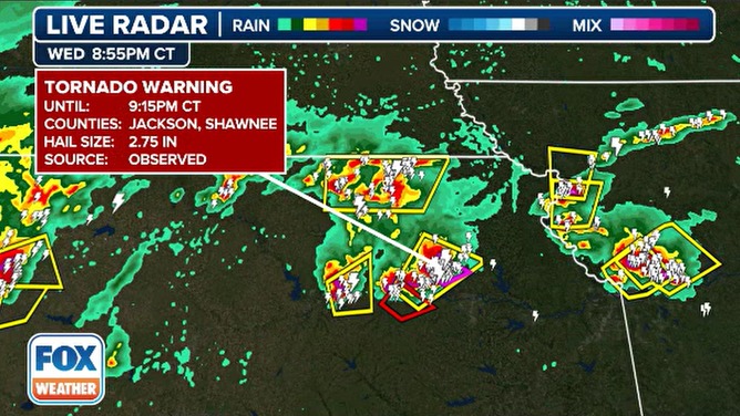 A doppler radar shows the tornado storm in Kansas. 
