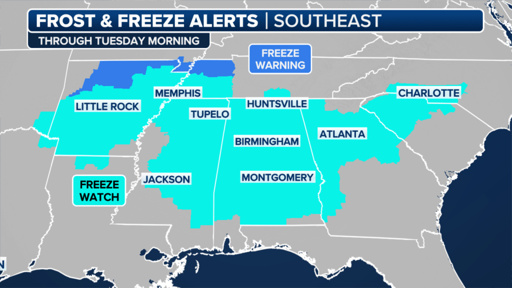 This graphic shows current Freeze Watches and Freeze Warnings in the Southeast.
