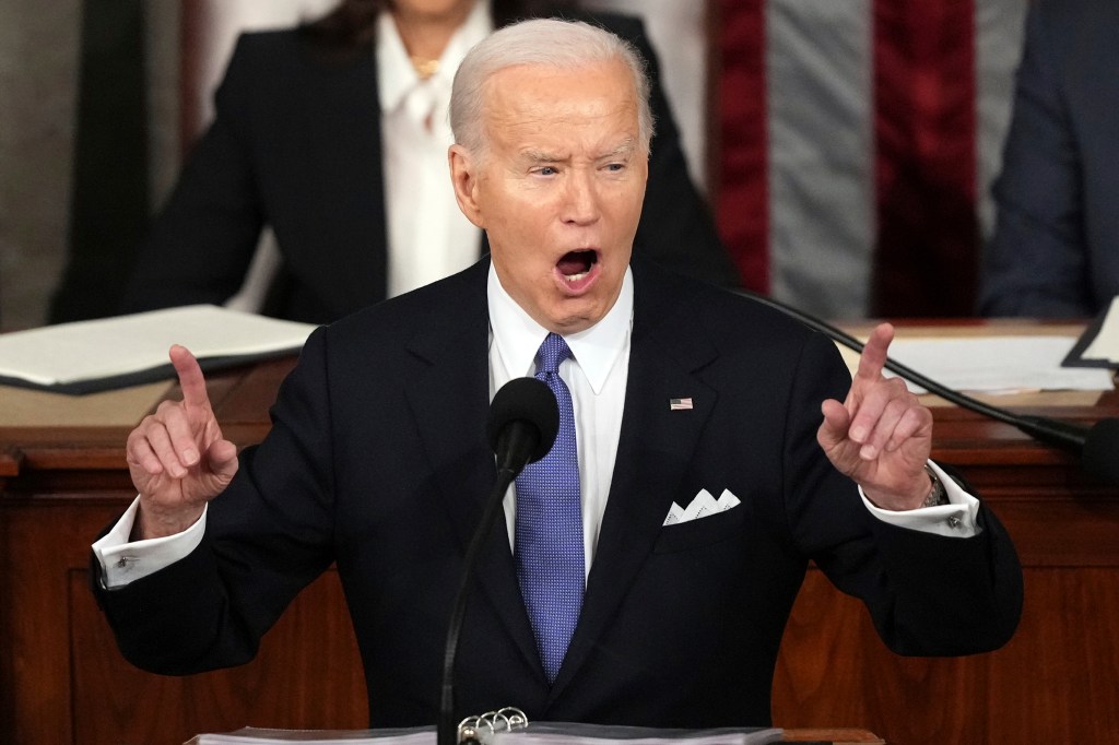 President Joe Biden delivers the State of the Union address to a joint session of Congress at the U.S. Capitol on March 7, 2024, in Washington. 