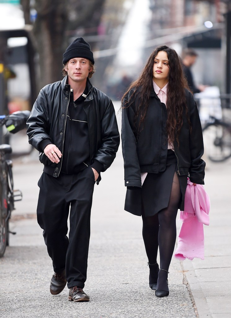 Jeremy Allen White and Rosalía in all black outfits on rare outing in New York City.