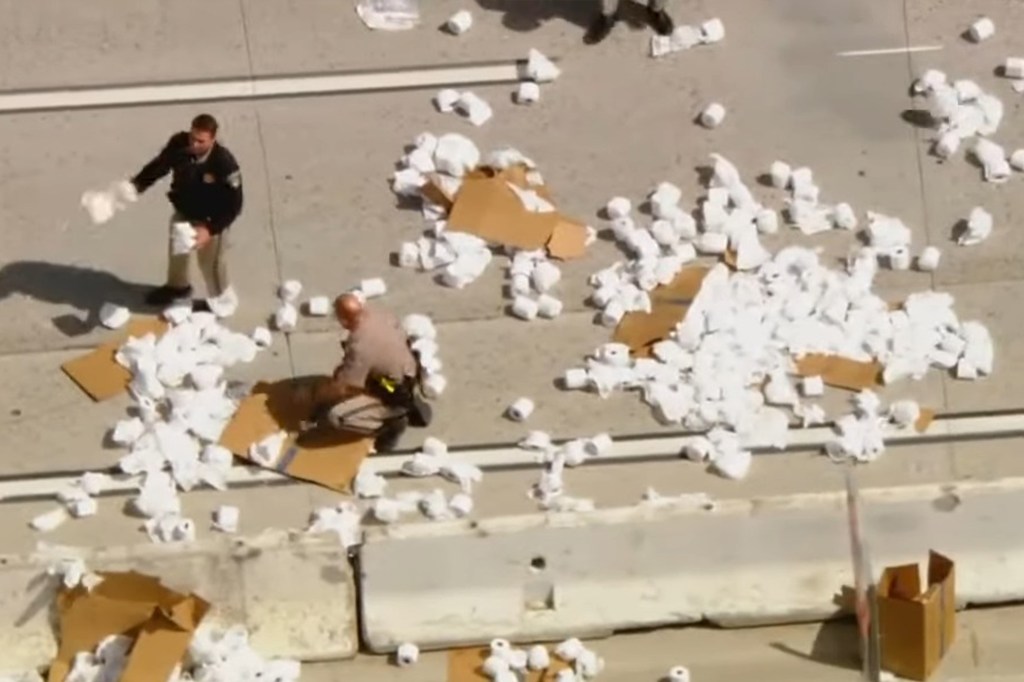 There were approximately three massive boxes of toilet paper that fell from the Ford truck, according to the California Highway Patrol. 