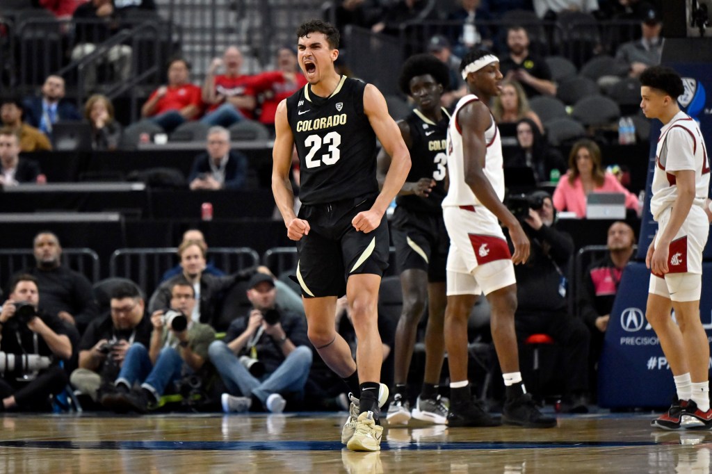 Tristan da Silva #23 of the Colorado Buffaloes reacts after a basket in the first half of a semifinal game against the Washington State Cougars during the the Pac-12 Conference basketball tournament.
