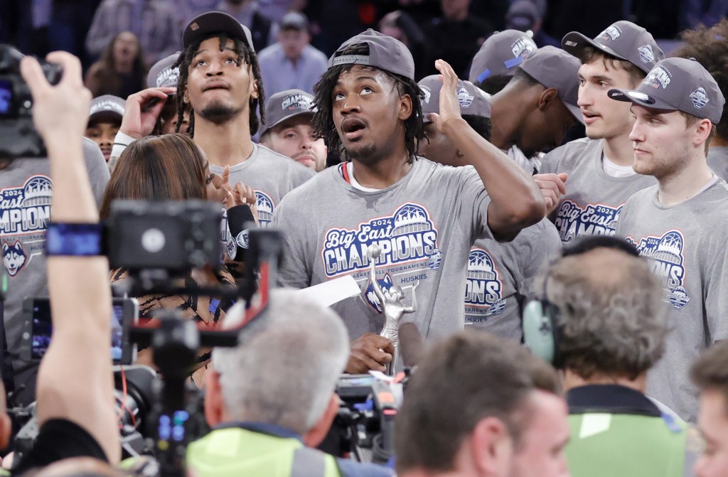 UConn star Tristen Newton (center) was named the MVP of the Big East Tournament.