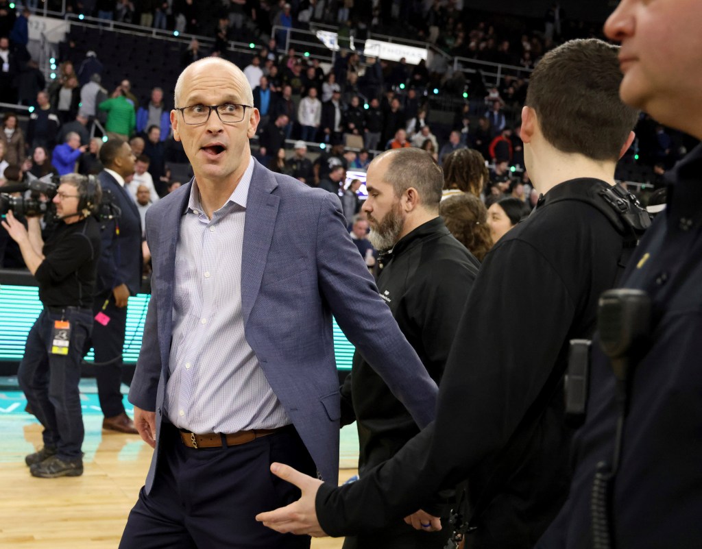 UConn head coach Dan Hurley leaves the court at the end of an NCAA college basketball game against Providence, on March 9, 2024, in Providence, R.I.