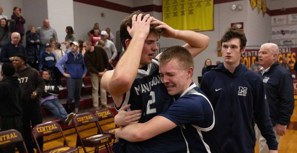 Manasquan's Griffin Linstra and Keegan Hertel as they realize the team's late basket to win was called off by the referees. 