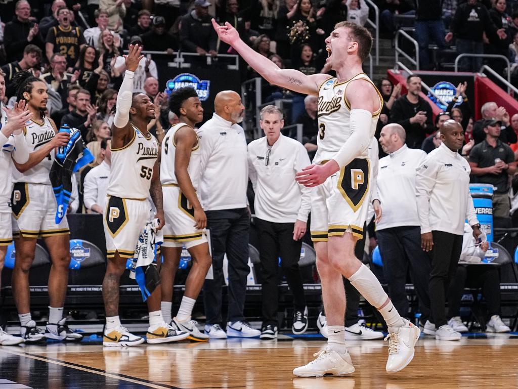 Purdue Boilermakers guard Braden Smith (3) yells in excitement to the fans on Friday, March 29, 2024.