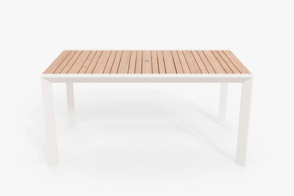 A white outdoor table with a wooden top