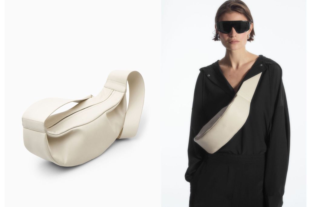Left: A white leather belt bag; Right: A woman wearing the belt bag on the left.