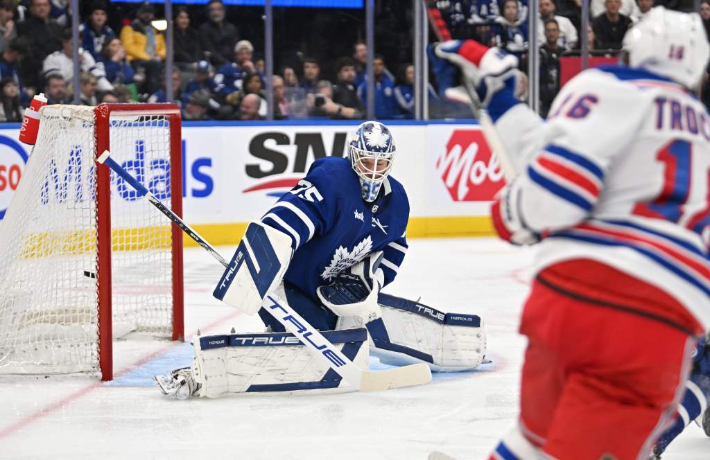 Vincent Trocheck (right) scores a goal on Ilya Samsonov during the third period of the Rangers' shootout loss.