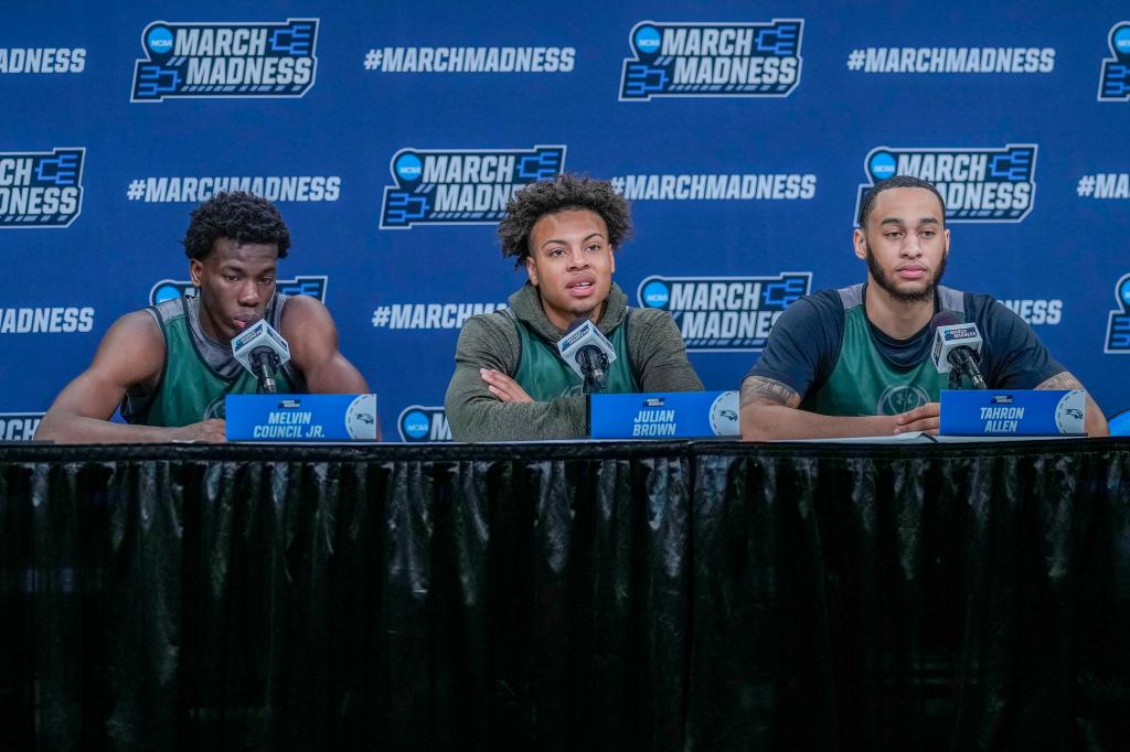 Left to right: Melvin Council Jr., Julian Brown and  Tahron Allen talk to the media in advance of Wagner's game against top-seeded North Carolina on Thursday. 