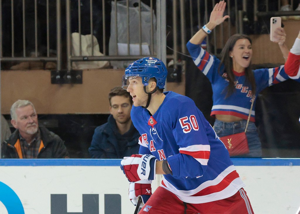 Will Cuylle celebrates after scoring a power play goal during the Rangers' 4-2 loss to the Panthers.