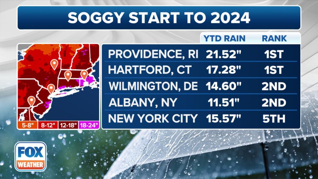 This graphic shows the year-to-date rainfall totals for cities on the East Coast.