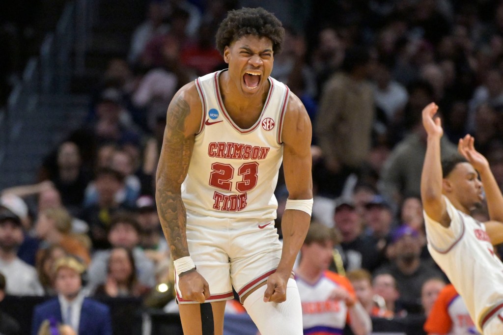 Alabama Crimson Tide forward Nick Pringle (23) reacts in the second half against the Clemson Tigers.