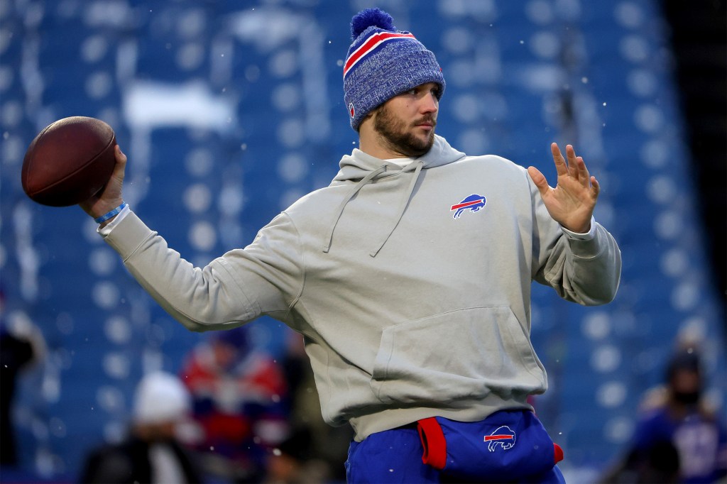 Josh Allen warms up before the Bills-Chiefs playoff game in January 2023.