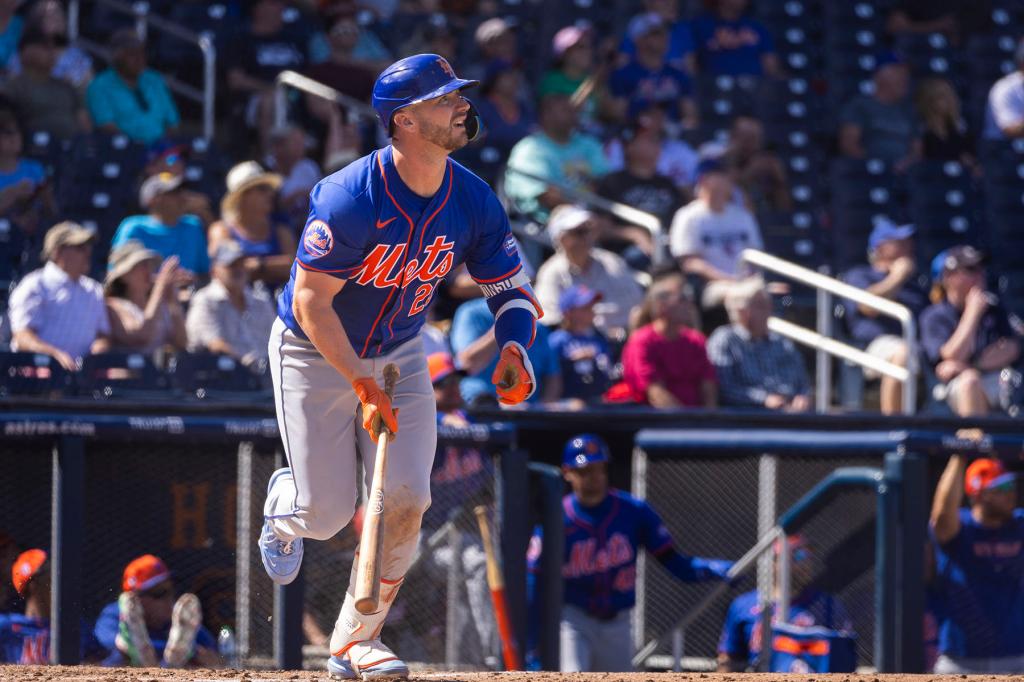 New York Mets' Pete Alonso hits a ground rule double in the fifth inning against the Washington Nationals during Spring Training at Cacti Park, Monday, Feb. 26, 2024, in West Palm Beach, FL. 